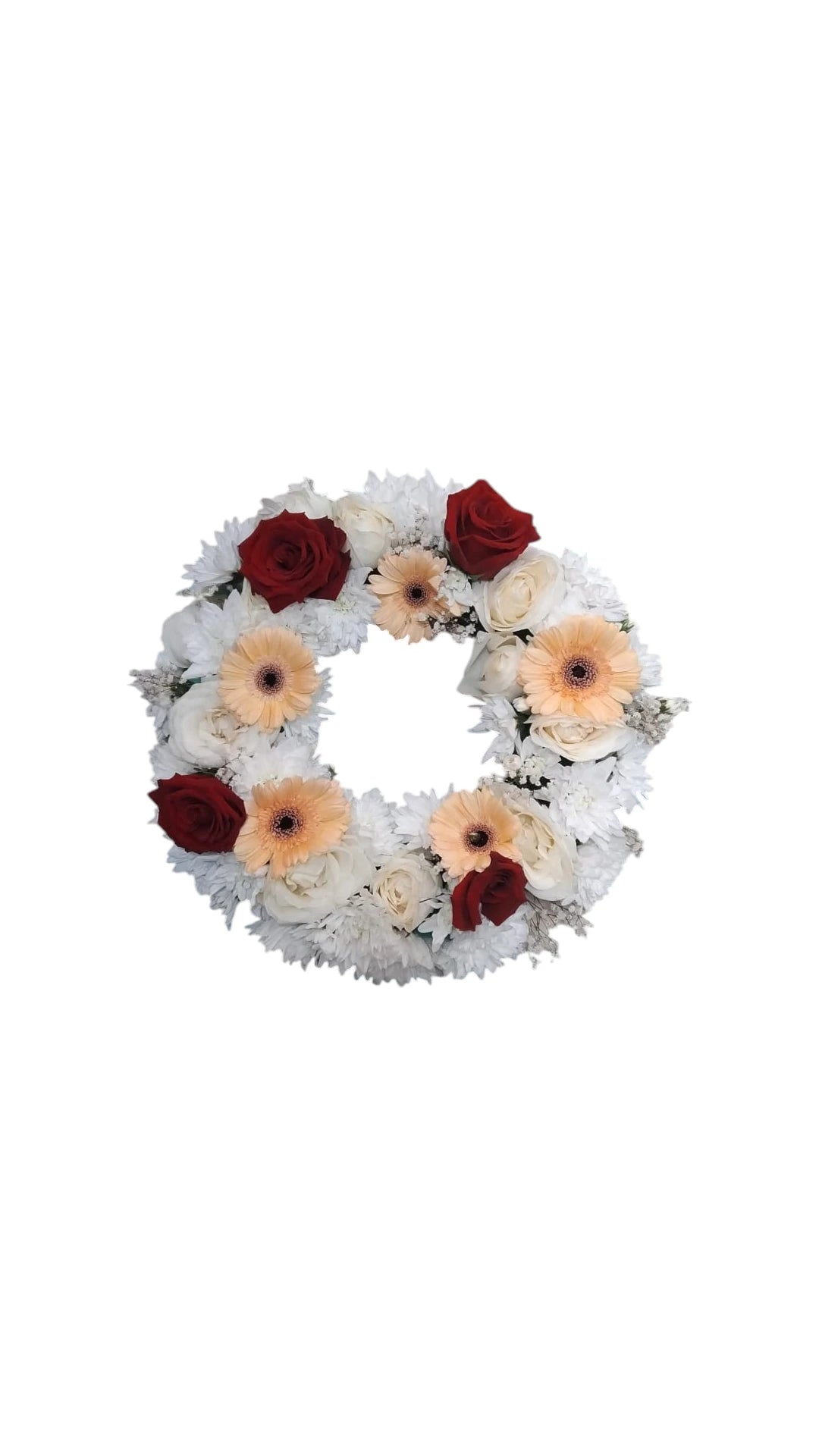 Coroana funerara rotunda din trandafiri rosii si albi , crizanteme albe si gerbera crem
