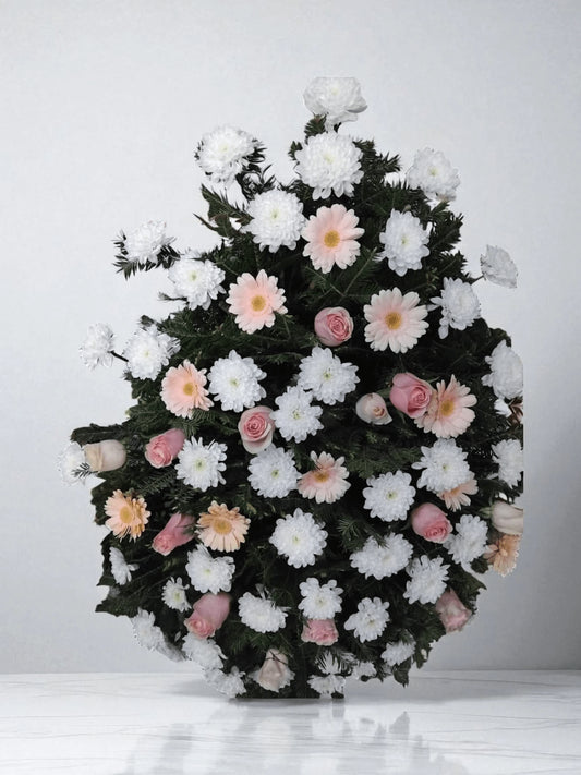 Coroana funerara cu crizanteme albe impreuna cu gerbera roz si trandafiri roz A15 - Coroane Memoriale