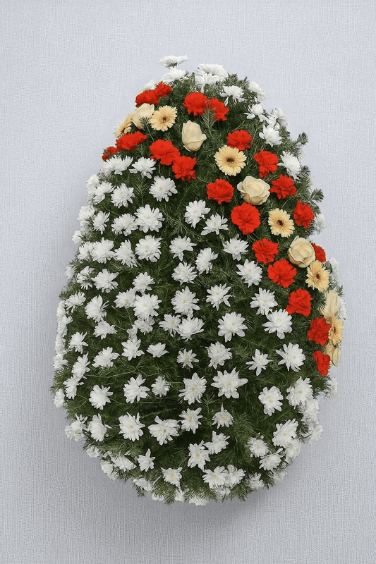 Coroana Funerara cu Crizanteme Albe, Garoafe Rosii si Trandafiri Crem A6 - Coroane Memoriale
