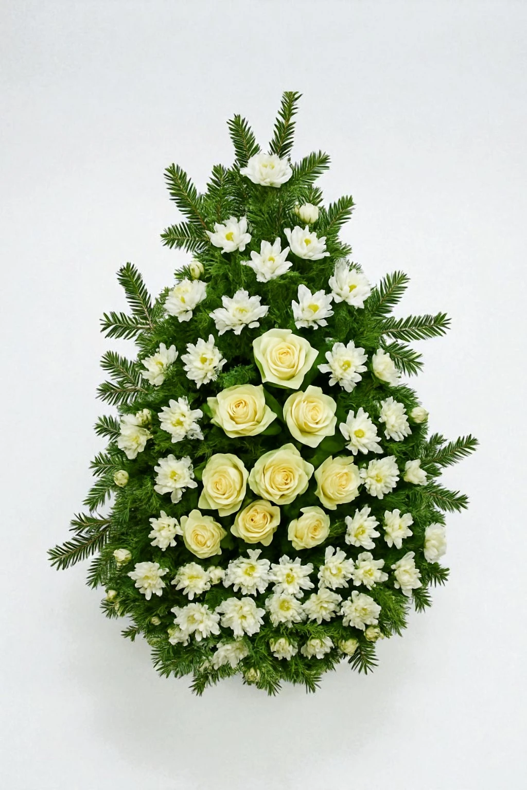 Coroana Funerara eleganta cu Trandafiri Crem si Crizanteme Albe A4
