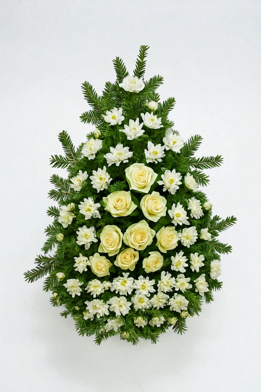 Coroana Funerara eleganta cu Trandafiri Crem si Crizanteme Albe A4