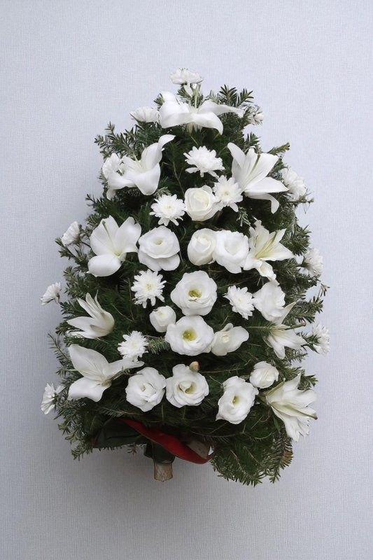 Jerba Funerara Eleganta cu Crini si Trandafiri Albi B2 - Coroane Memoriale