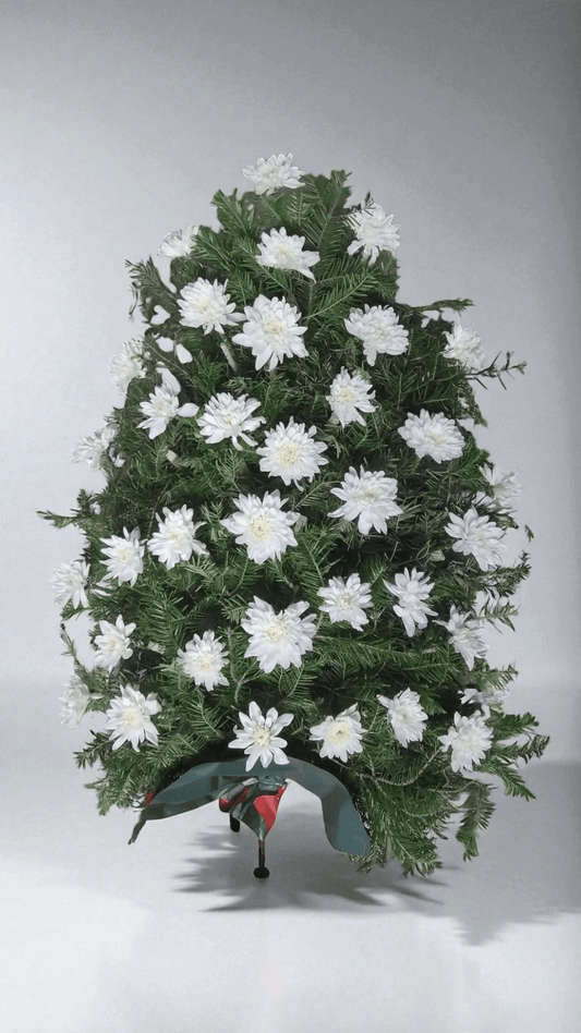 Jerba funerara cu crizanteme albe si brad natural B6 - Coroane Memoriale