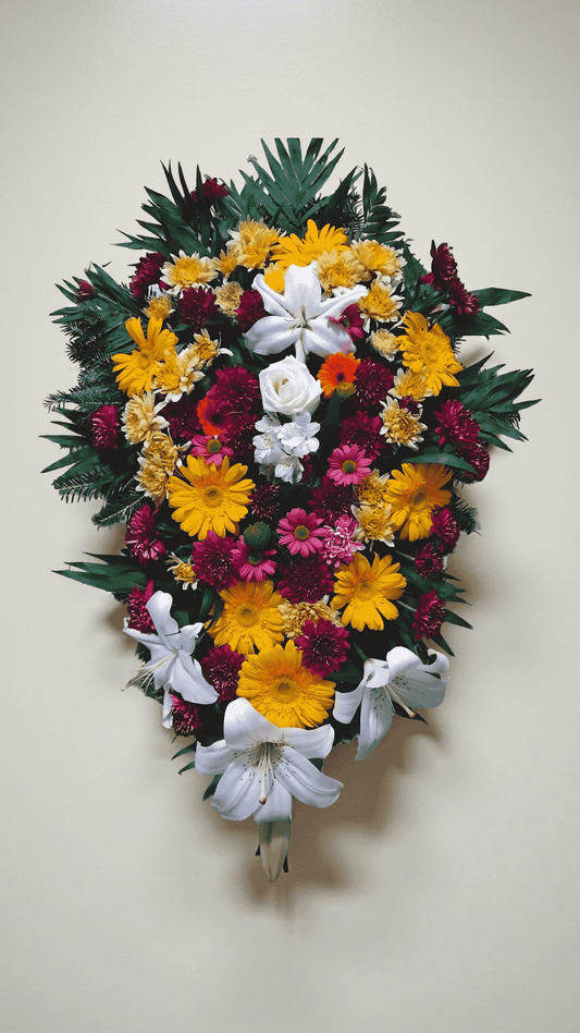 Jerba funerara cu crini albi, gerbera si crizanteme B3 - Coroane Memoriale