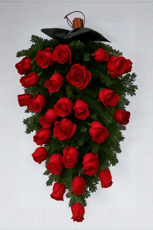 Jerba funerara cu trandafiri rosii B5 - Coroane Memoriale