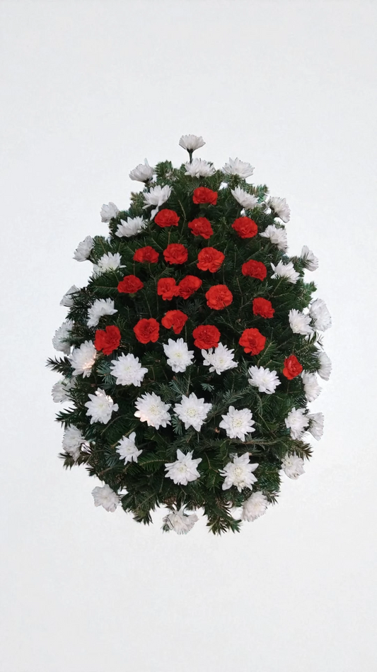Coroana funerara cu crizanteme albe si garoafe rosii A9
